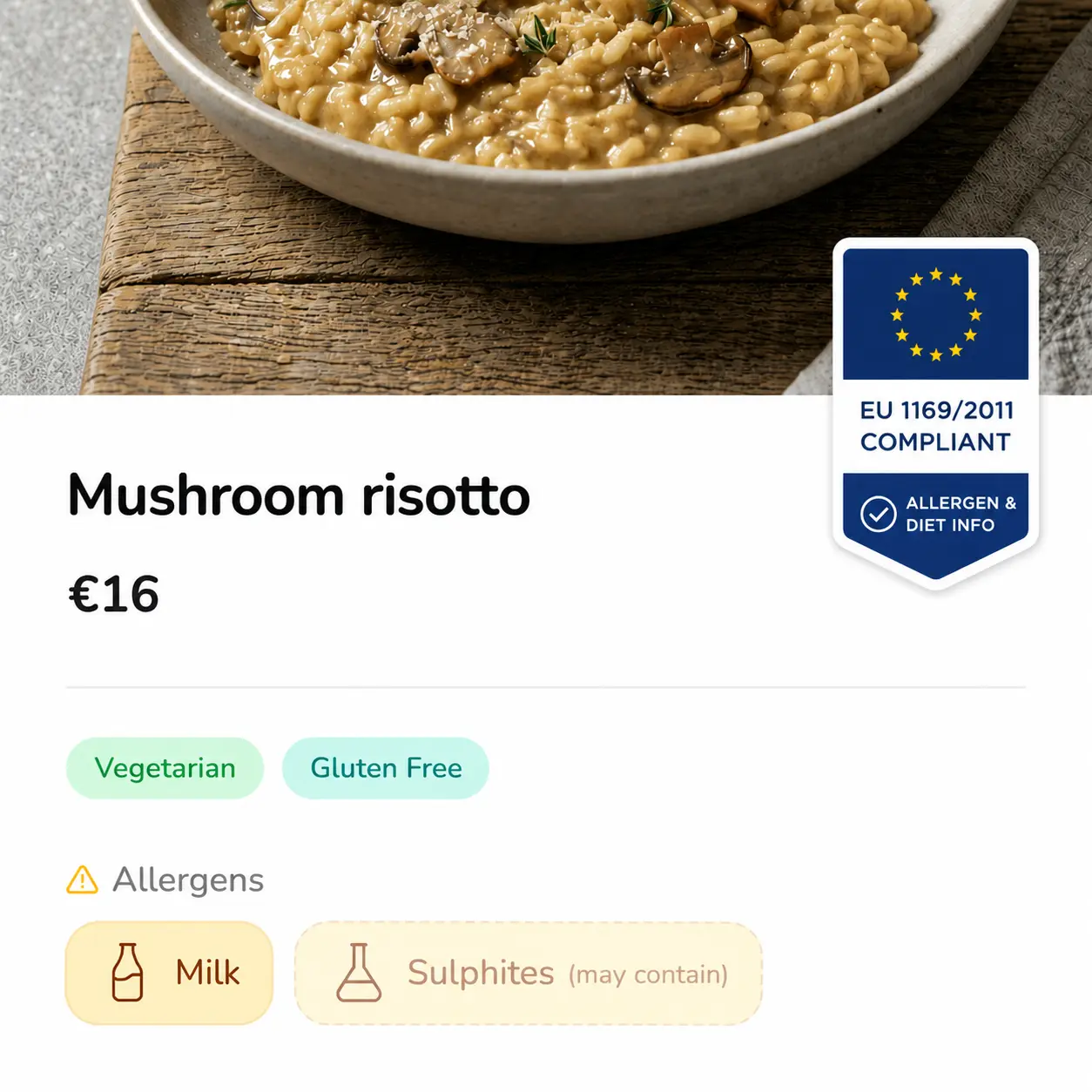 A dish card showing dietary tags plus EU-14 allergen severity marks