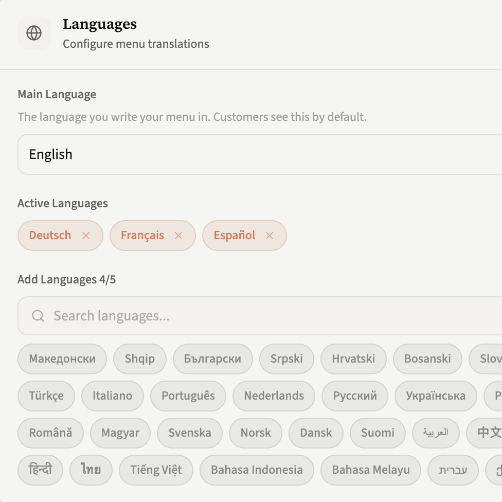 BreezyMenu editor showing the same dish translated across five languages