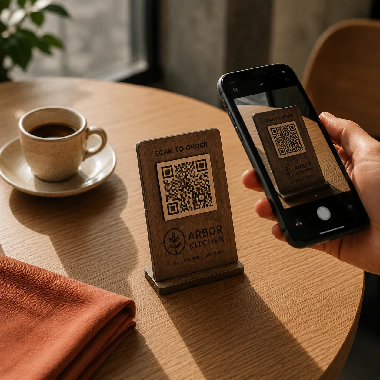 A printed QR code card on a restaurant table next to a glass